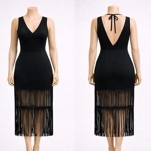 H&M Black Backless Fringe Midi Dress